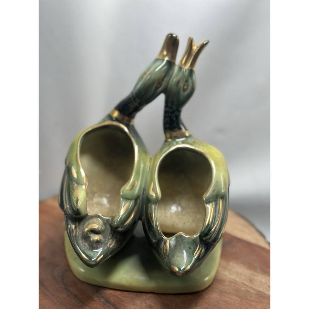 Hull USA Green & Yellow Gold Accents Mallard Ducks Planter Spring #95